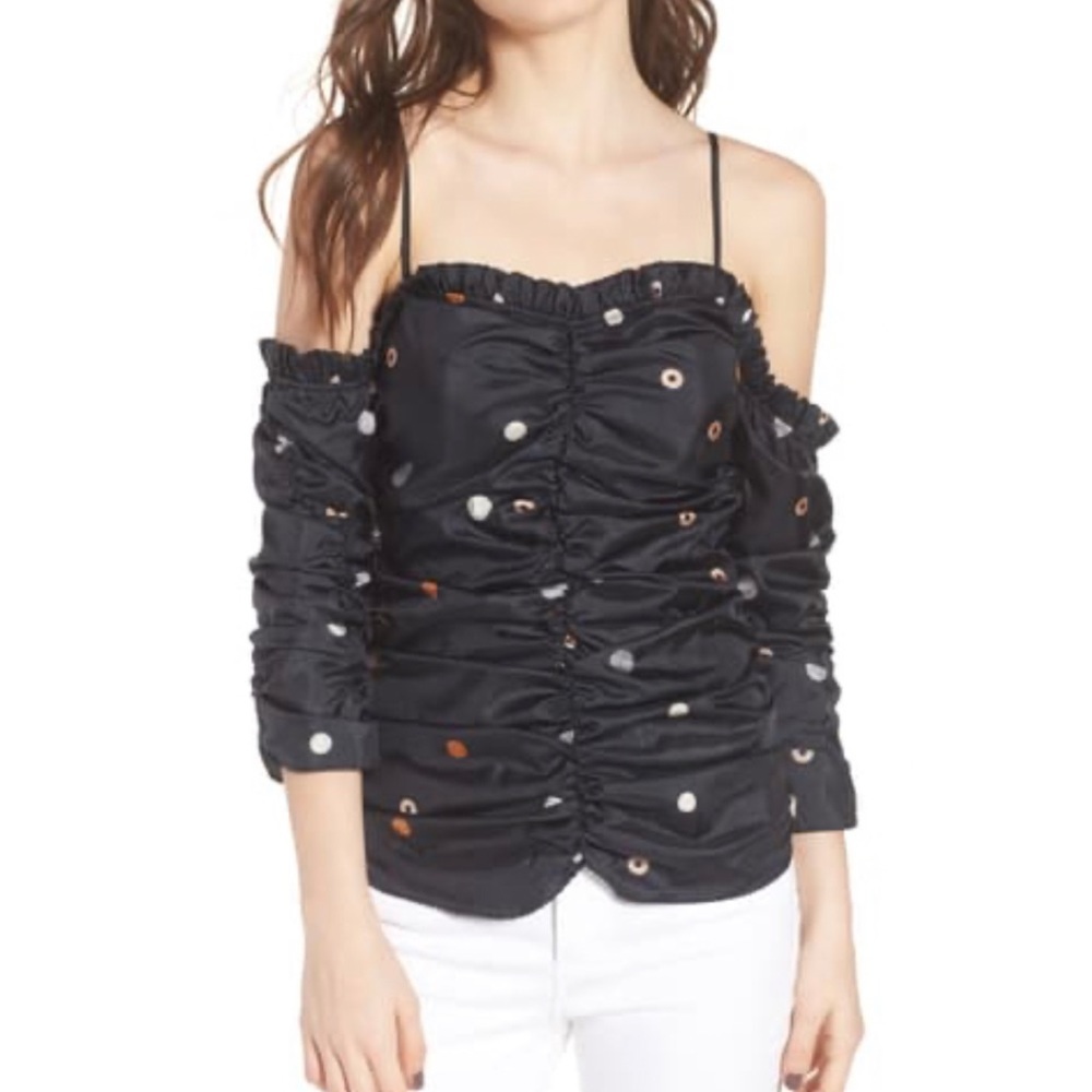 Chelsea28 Dot Print Ruffle Ruched Off Shoulder Top